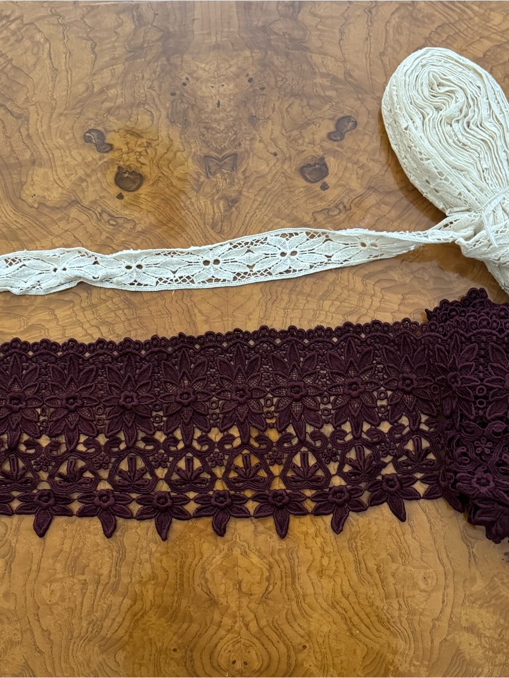 Cream and Deep Burgundy Lace Trim Set